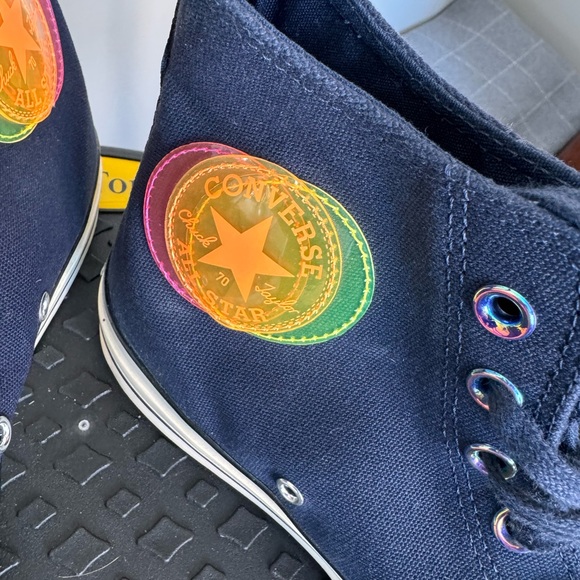 Navy canvas All Stars high tops with neon patches. - Picture 4 of 4